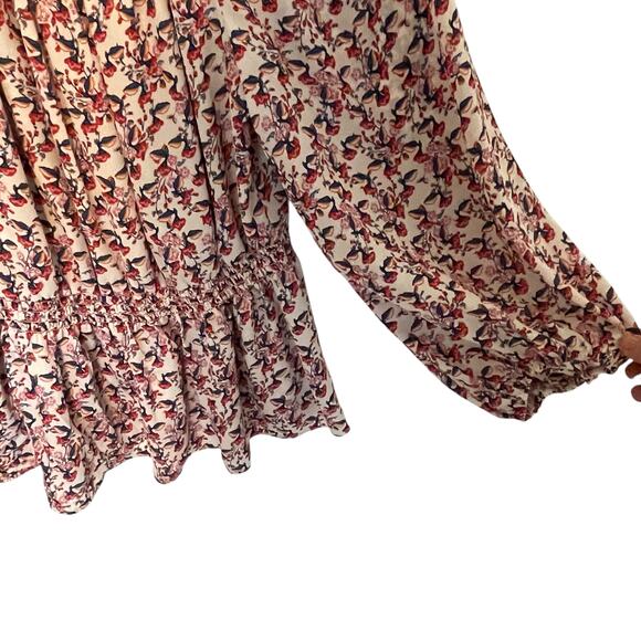 Max Studio Floral Blouse Womens Large Cream Red Smocked Waist Peplum Top - Picture 6 of 12